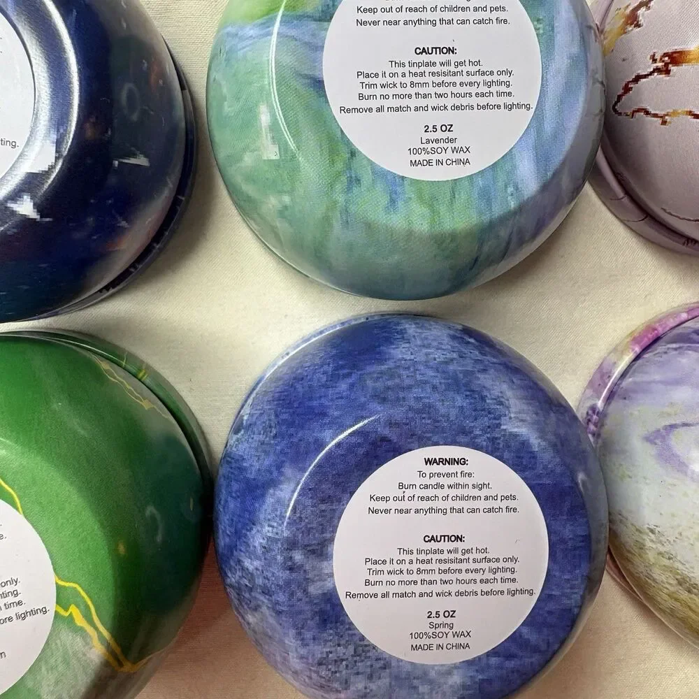 Mini Soy Wax Candles Decorative Tin With Lids Blue Purple Greens Marble Tie Dye